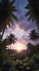 Serene Tropical Sunset with Palm Trees and Lush Ferns Against a Vibrant Purple Sky