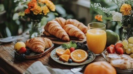 A beautifully arranged breakfast spread with a glass of orange juice, croissants, and fresh fruit, set on a rustic wooden table.