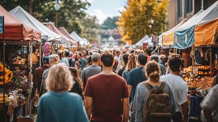 A bustling outdoor market filled with people, stalls, and vibrant goods under a sunny sky.
