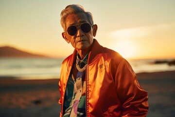 Fototapeta premium Portrait of a content asian elderly 100 years old man wearing a trendy bomber jacket while standing against stunning sunset beach background