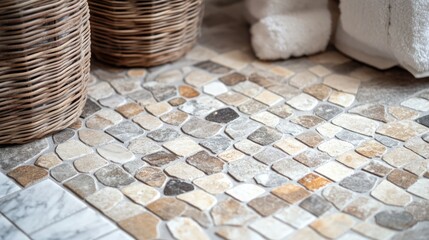 Close up view of mosaic marble ceramic tiles arranged on a bathroom floor showcasing intricate patterns and textures for a home improvement theme