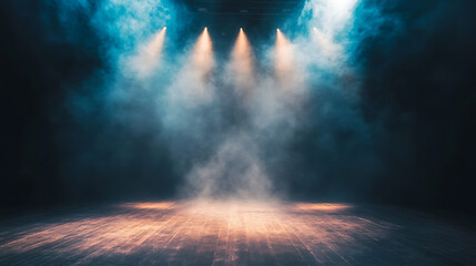 Spotlight on an empty stage with a dark, atmospheric background, highlighting the anticipation of a performance