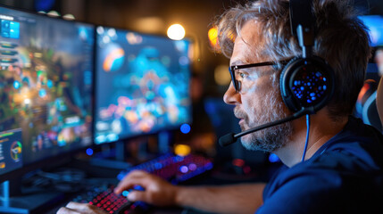 Gamer Focused on Strategic Gameplay in Modern Computer Setup with Headset and Dual Monitors