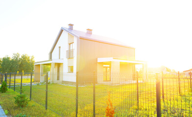 Villa construction. Contemporary Residence, Prefab house under construction. Suburban house...