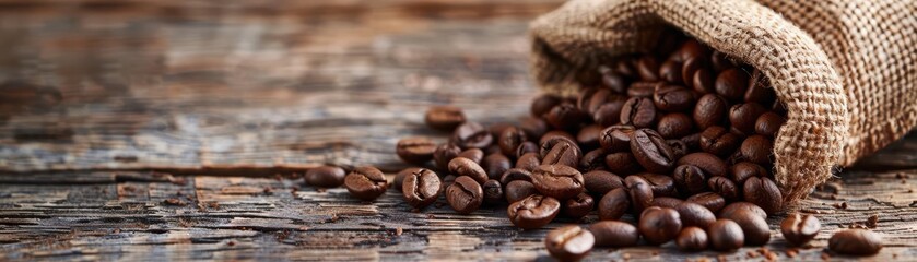 Naklejka premium Coffee beans spilling from a burlap sack onto a rustic wooden table, coffee beans spilled, freshly roasted coffee
