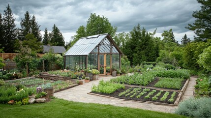 A kitchen garden featuring a central glass greenhouse surrounded by seedbeds creating an inviting space for gardening in a rustic backyard on a cloudy summer day