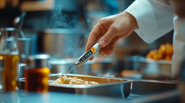 A chef uses a thermometer to check the temperature of a dish in a professional kitchen.