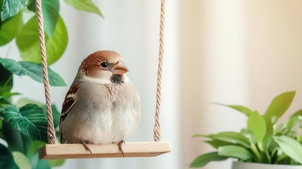 Bird perched on its swing, chirping happily in a sunny living room with plants around   bird at home, vibrant pet life