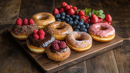 A beautifully arranged donut platter featuring classic and filled donuts, set on a rustic wooden board with a few fresh berries.