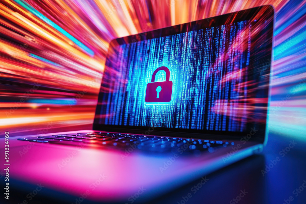 Poster laptop with a security padlock icon displayed on a screen full of binary code, suggesting cybersecur
