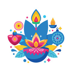 Radiant Celebration: A Vibrant Diwali Vector Illustration of Lights, Flowers, and Symbolic Beauty
