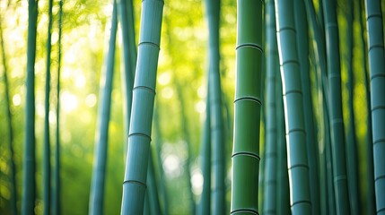 Obraz premium A forest of bamboo with stalks growing straight and tall, their green trunks forming natural columns in a serene and quiet setting.