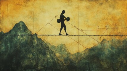 Fototapeta premium A determined figure balances on a tightrope with weights in a dramatic mountain landscape at sunset creating an inspiring moment