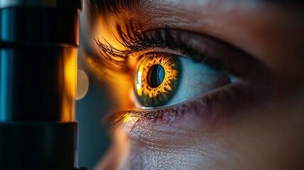 A close-up of an eye being examined with a medical instrument, highlighting intricate details.