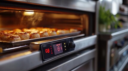 Obraz premium A close-up of an oven with pastries baking on a tray, showcasing cooking technology and food.