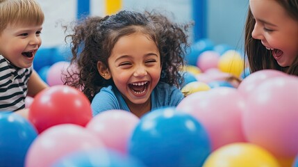 A group of preschool-aged children playing together in a ball pit, with one child emerging from the balls like a fun surprise, laughter all around.