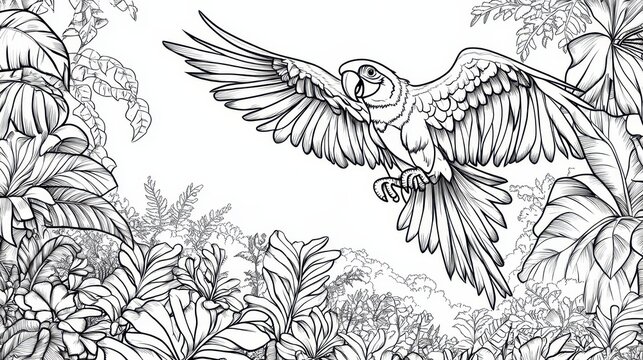 Black and White Illustration of a Parrot in Flight Over Tropical Foliage