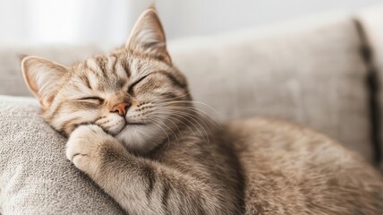 Cat grooming itself while lying on a soft pillow in the living room cat at home, self-care