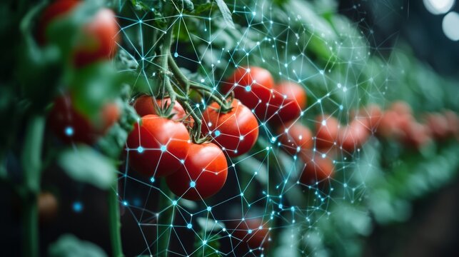 A close-up of ripe tomatoes on vines, enhanced with a digital network overlay, symbolizing technology in agriculture.