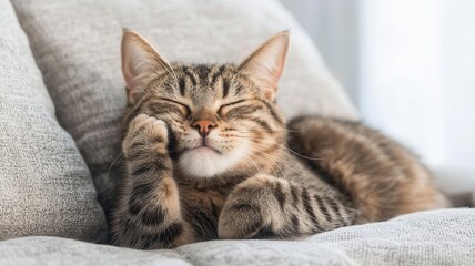 Cat grooming itself while lying on a soft pillow in the living room   cat at home, self-care