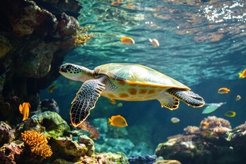 Fototapeta premium A sea turtle swimming gracefully through a vibrant coral reef, surrounded by colorful fish and illuminated by sunlight streaming through the water
