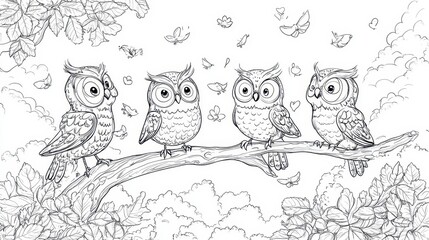 Four Owls Perched on a Branch in a Forest