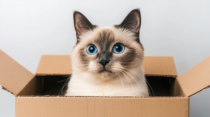 Cat sitting inside a cardboard box, looking out curiously at its surroundings   cat in a box, playful pet