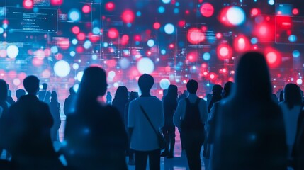 Naklejka premium A crowd silhouetted against a vibrant digital backdrop of colorful data points and information.
