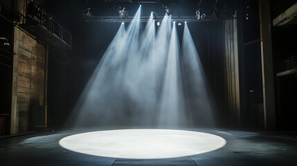 Spotlight casting a bright circle of light on a bare stage, with the rest of the space in deep shadow