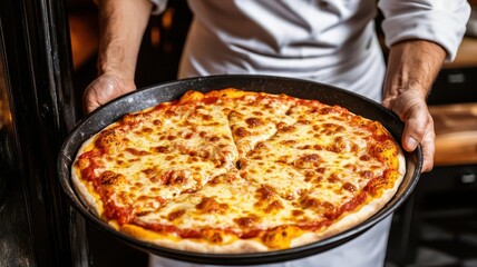 Chef pulling a freshly baked Chicago pizza out of the oven, golden crust and bubbling cheese in the pan   pizza baking, Chicago deep-dish