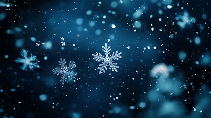 Fototapeta premium Snowflakes gently falling against a dark, starry night sky, creating a peaceful, magical atmosphere