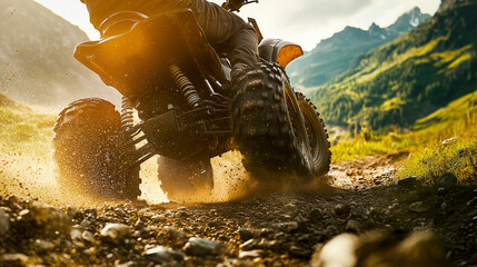 Obraz premium Close-up of an ATV kicking up dirt while speeding through a rugged mountain trail