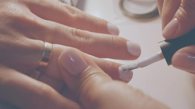 Manicurist painting her client's nails. Professional manicurist applying white nail polish to young girl's nails.