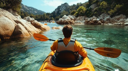 Fototapeta premium A kayaker exploring rocky valley in shallow sea