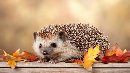 A playful hedgehog interacts with vibrant autumn leaves, showcasing its adorable nature against a beautiful fall backdrop filled with golden hues