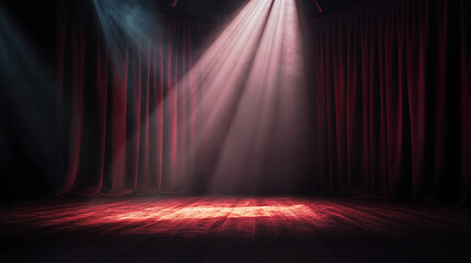 Spotlight shining down on an empty stage with black curtains in the background, creating a moody atmosphere