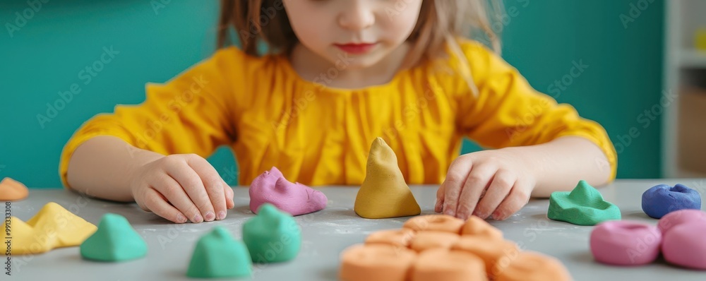 Wall mural children playing with modeling clay at a daycare table, creating different shapes and figures sensor