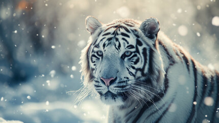 Fototapeta premium A white bengal tiger cat among snowflakes