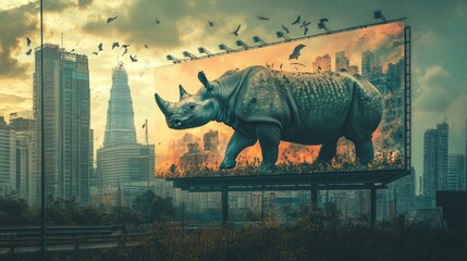 Fototapeta premium A giant rhinoceros on a billboard in a cityscape, blending nature with urban elements.