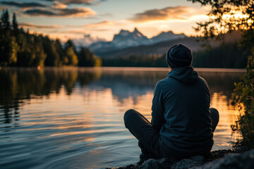 Hiker is resting at the end of the day, contemplating the sunset over a mountain lake