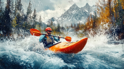 Fototapeta premium A kayaker rafting struggling with water splashes in boat in rapid river in mountain
