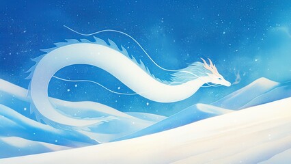 Glowing snow dragon soaring above a frozen landscape, leaving trails of frost in its wake, watercolor