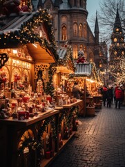 Obraz premium Christmas market at dusk, with decorated stalls and festive lights, creating a cozy ambiance.