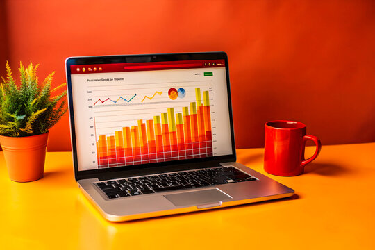 laptop screen displays website traffic metrics, graphs, and analytics for blog ranking and visitor statistics.