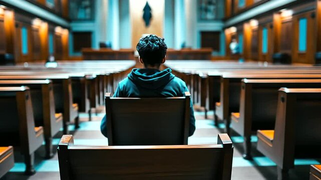 A person sitting in a courtroom, nervously awaiting their case to be called, symbolizing the anxiety and fear associated with legal battles and the justice system