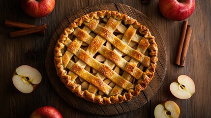 A classic apple pie with a beautifully woven lattice crust, surrounded by apple slices and cinnamon sticks on a wooden surface.