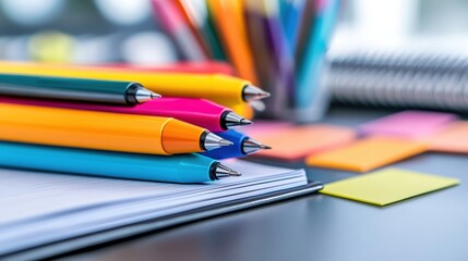 A stack of colored pens sitting on top of a notebook, AI