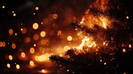 A Christmas tree, set ablaze in a dark room, is seen from a worm's-eye view, with the fiery scene illuminated by softly glowing bokeh lights in the background.