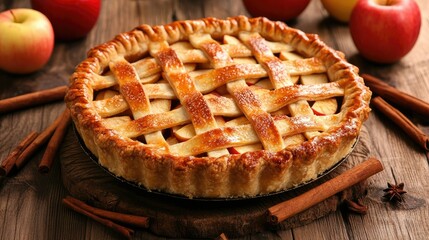 A classic apple pie with a beautifully woven lattice crust, surrounded by apple slices and cinnamon sticks on a wooden surface.