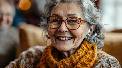 A smiling elderly woman wearing glasses, with gray hair, looking content and relaxed, representing a grandmother or pensioner in her later years